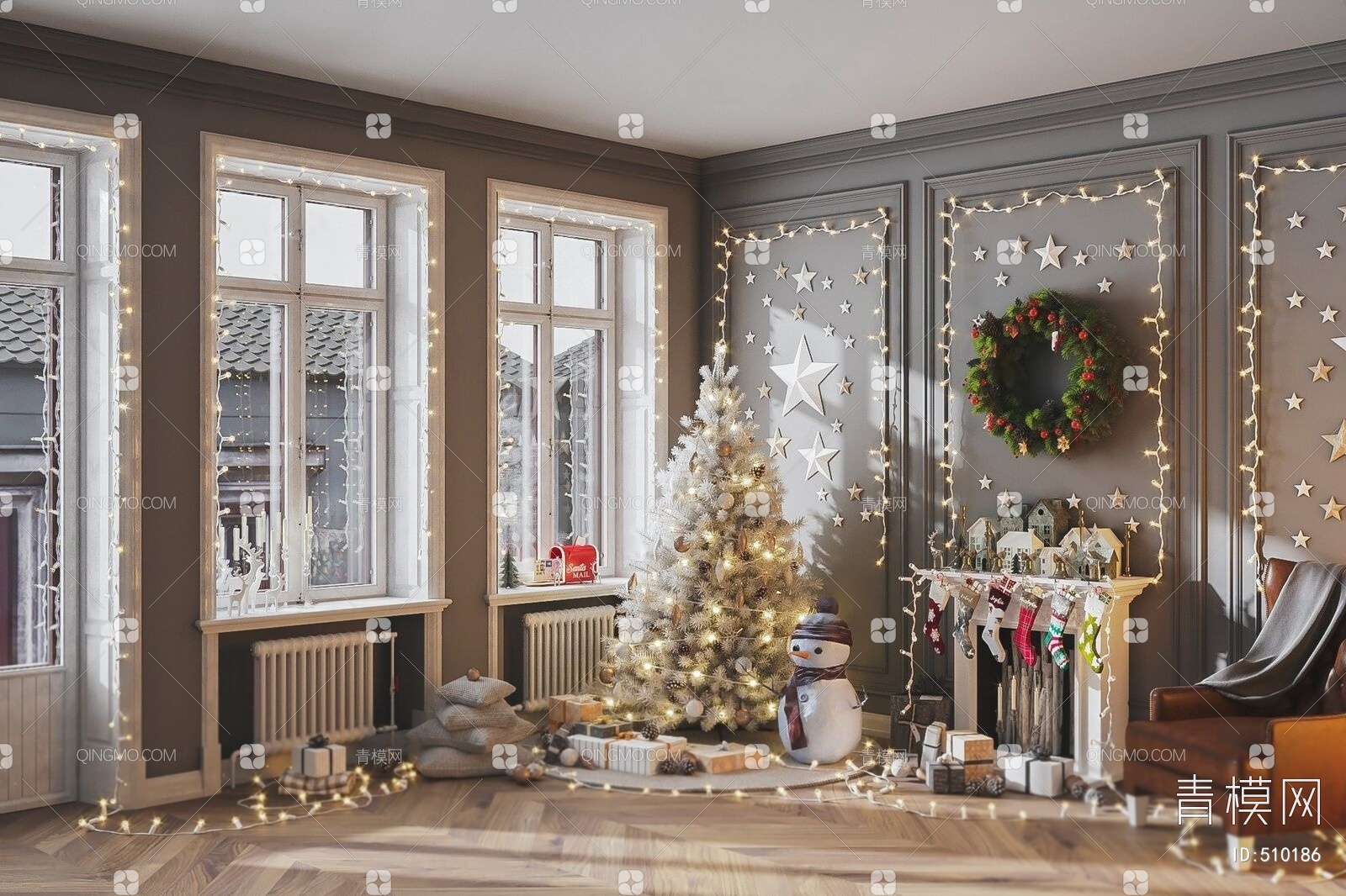 圣诞室内设有壁炉、圣诞树和礼物扶手椅照片摄影图片_ID:310630578-Veer图库