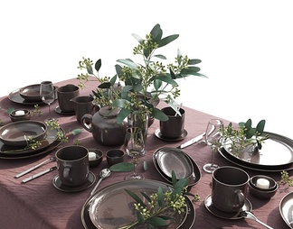现代中式刀叉餐具茶壶水杯组合