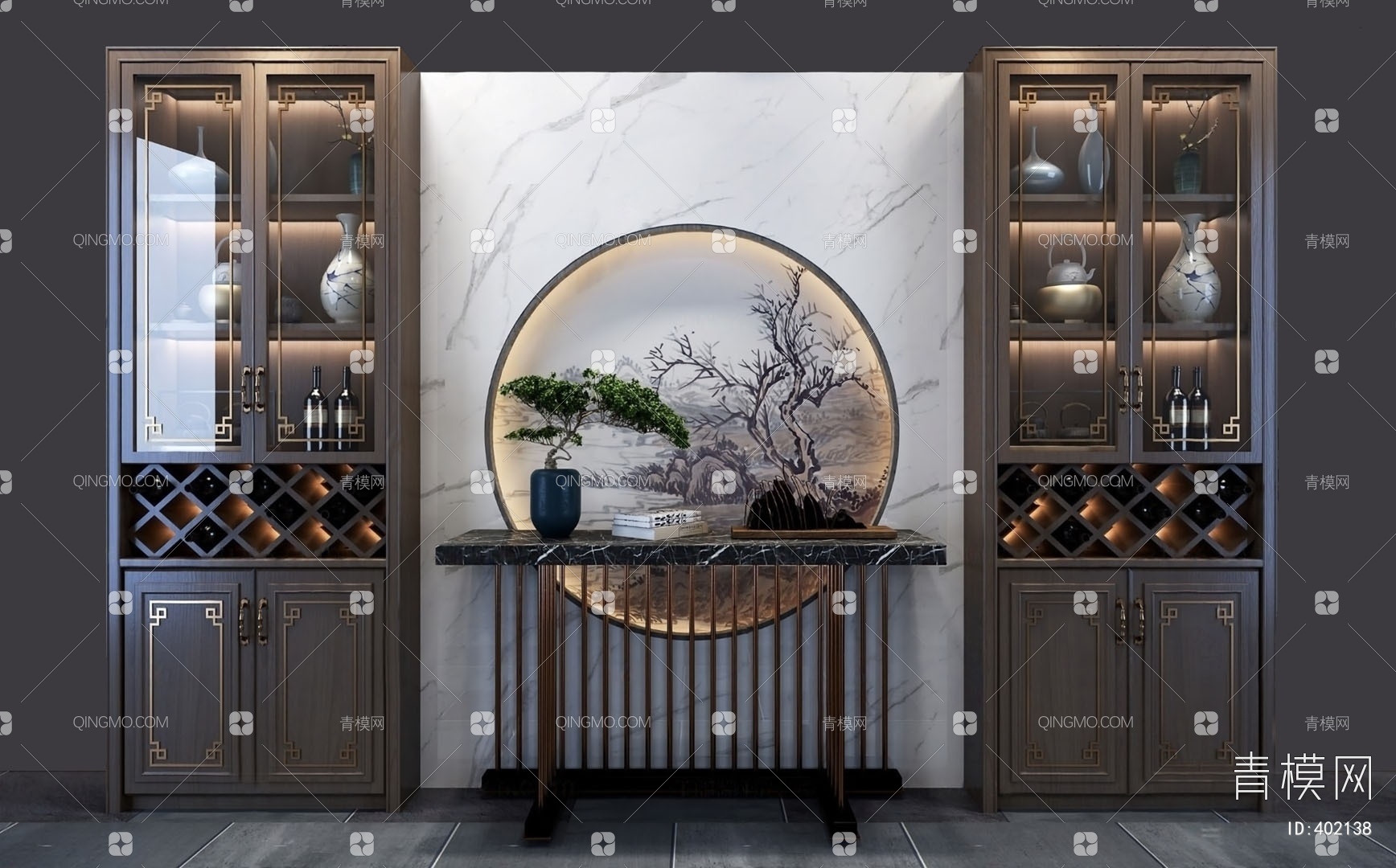 新中式风格餐厅实木酒柜设计装修效果图2023_装信通网效果图