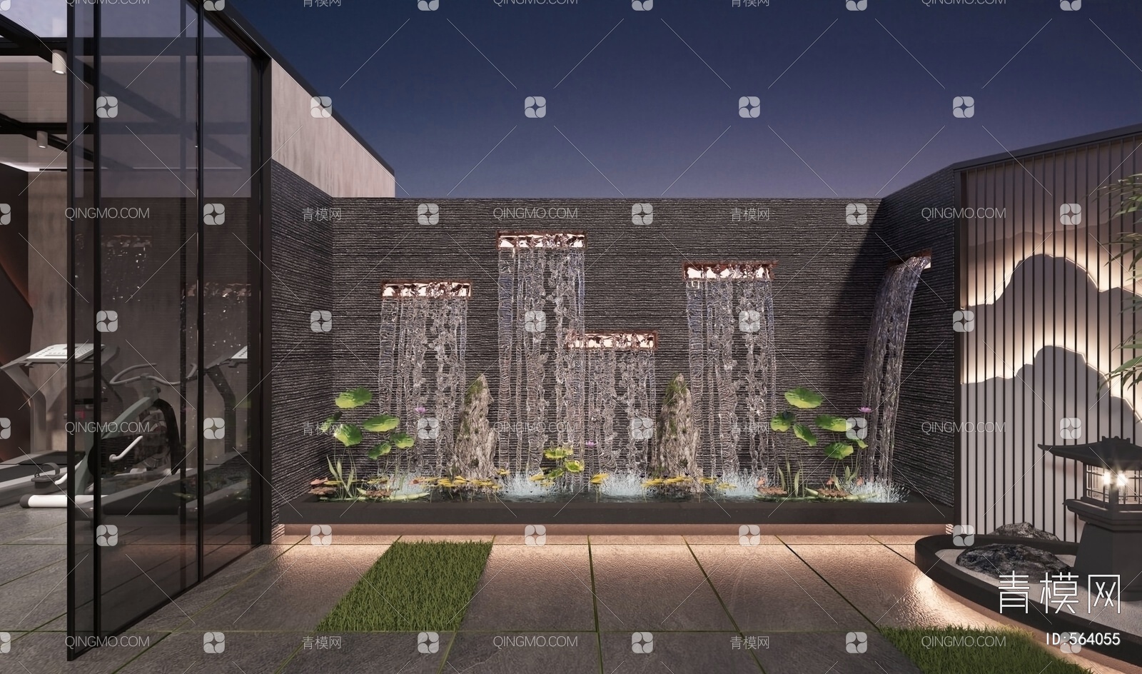 新中式庭院景观流水背景墙，水景3d模型下载-【集简空间】「每日更新」
