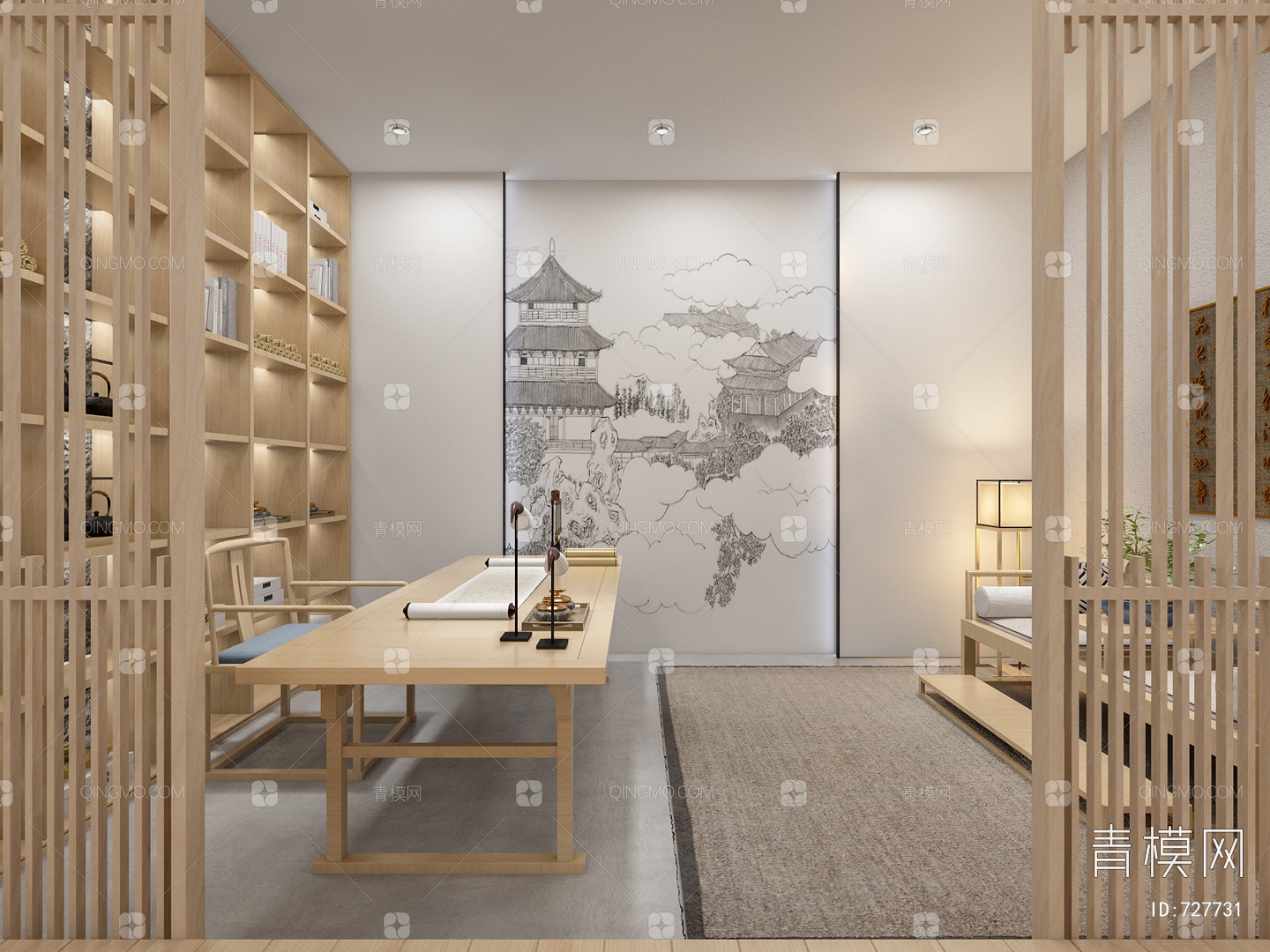 【禅意茶室接待室3D模型】-中式VR有灯光有贴图MAX2016禅意茶室接待室3d模型下载-ID727731-免费3Dmax模型库 - 青模3d模型网