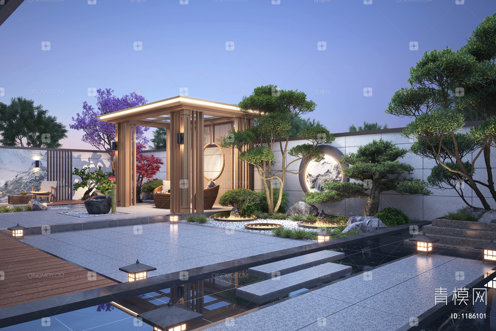 【别墅庭院3D模型】-VR新中式有灯光有贴图MAX2014别墅庭院3d模型下载-ID1186101-免费3Dmax模型库 - 青模3d模型网