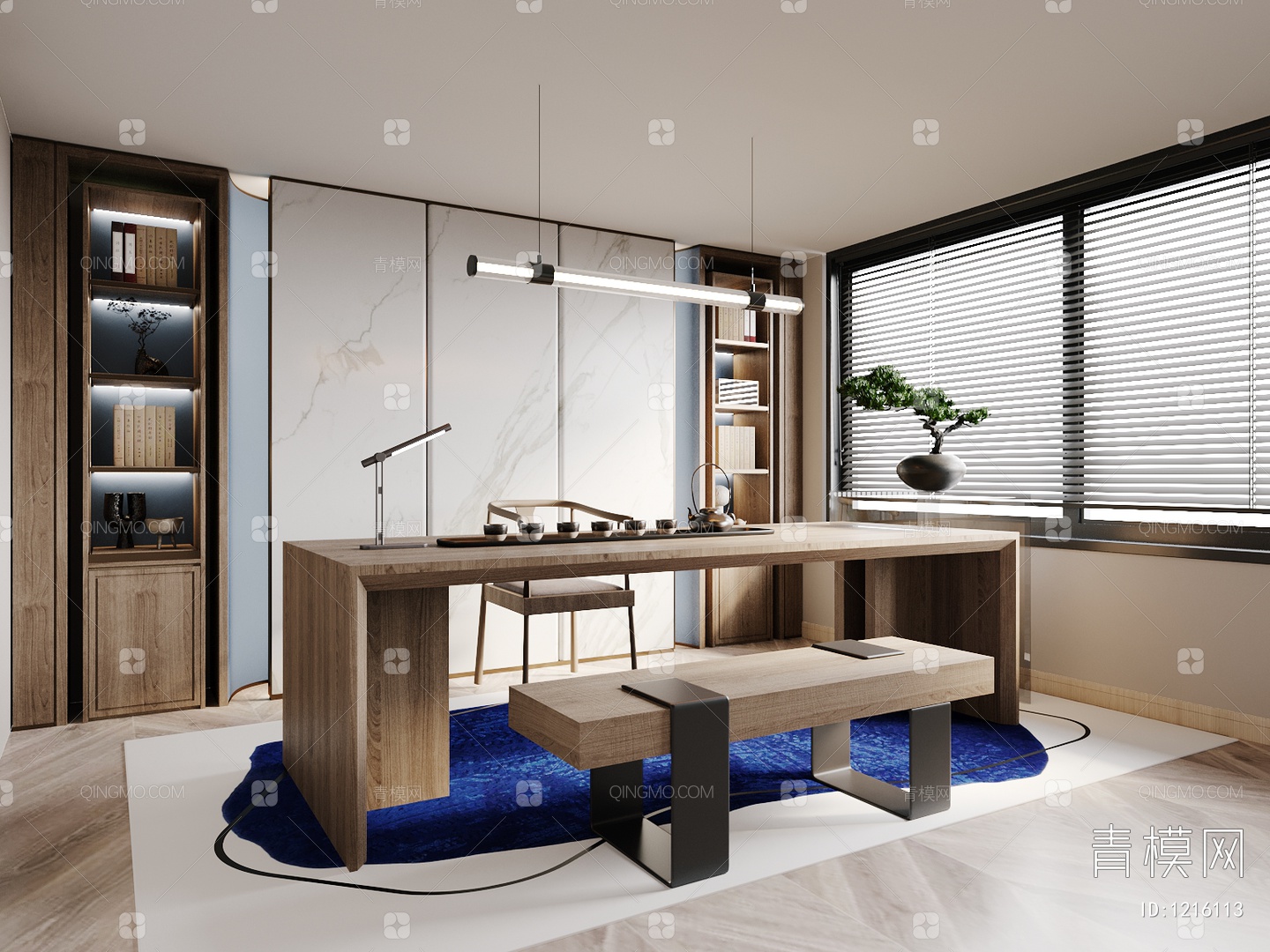 【书房3D模型】-VR新中式有灯光有贴图MAX2014书房3d模型下载-ID1216113-免费3Dmax模型库 - 青模3d模型网