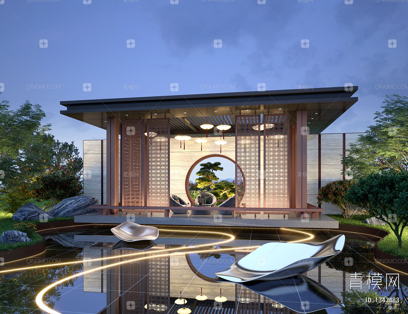 【庭院景观3D模型】-VR新中式有灯光有贴图MAX2016庭院景观3d模型下载-ID1343483-免费3Dmax模型库 - 青模3d模型网