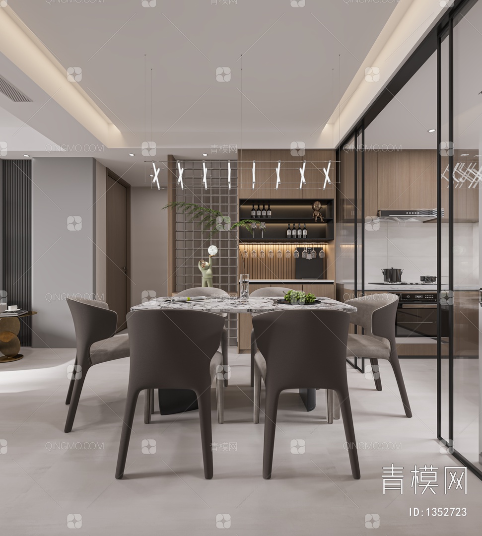 【客餐厅 沙发茶几组合 餐桌椅 挂画 吊灯 装饰品 酒柜3D模型】-现代CR有灯光有贴图MAX2016客餐厅 沙发茶几组合 餐桌椅 挂画 吊灯 ...
