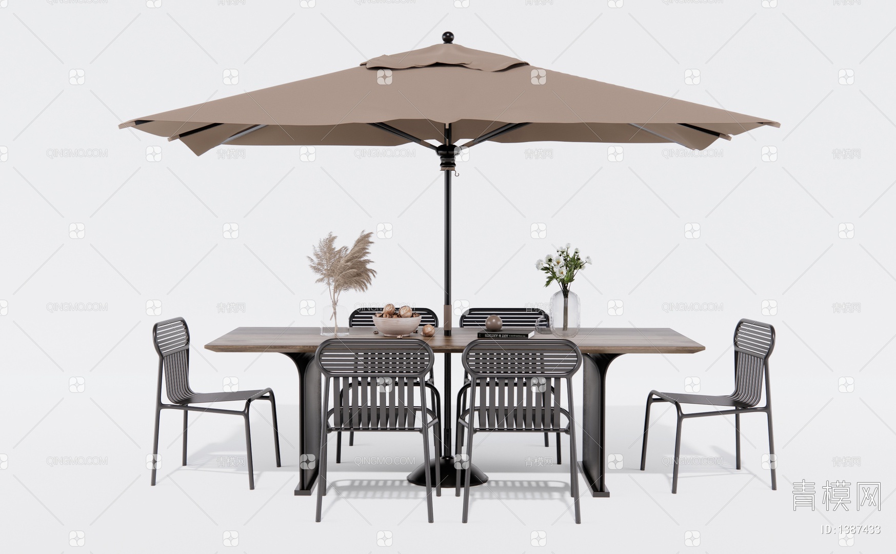 现代六边形户外桌配遮阳伞样式四人桌椅su模型_其他公共空间_土木在线