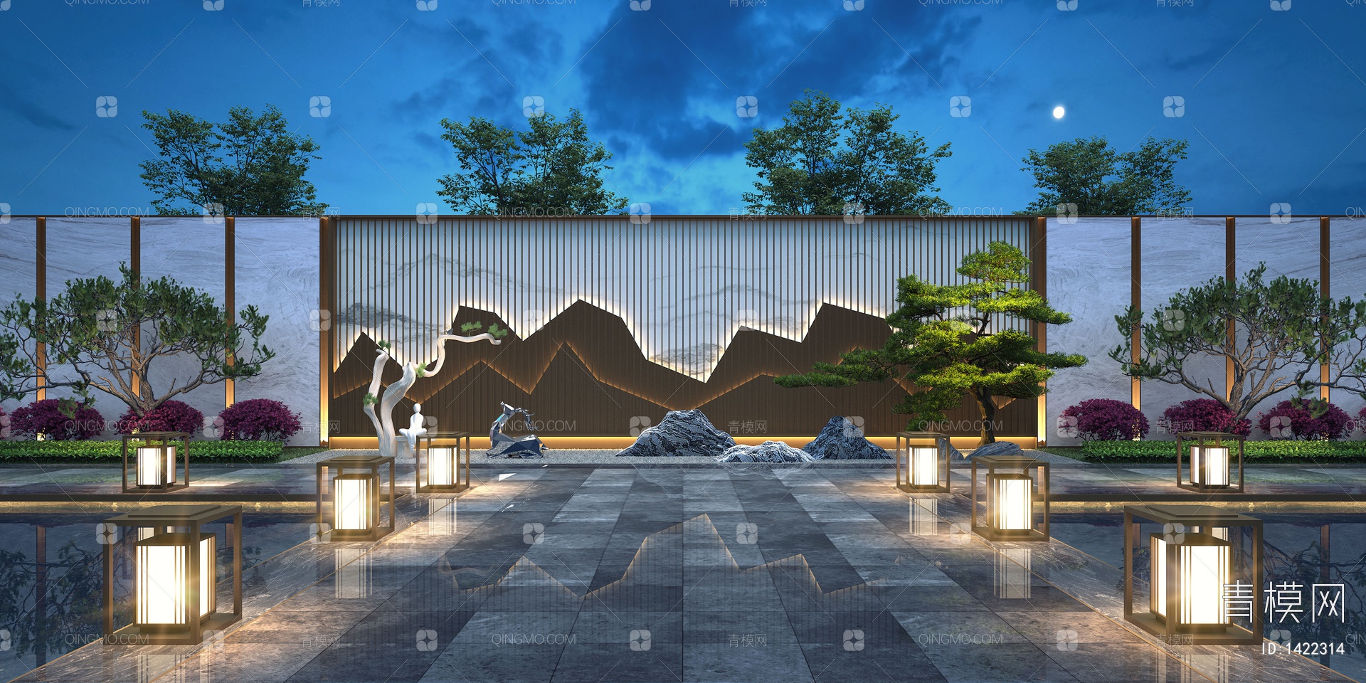 【庭院景观小品3D模型】-VR新中式有灯光有贴图MAX2016庭院景观小品3d模型下载-ID1422314-免费3Dmax模型库 - 青模3d模型网