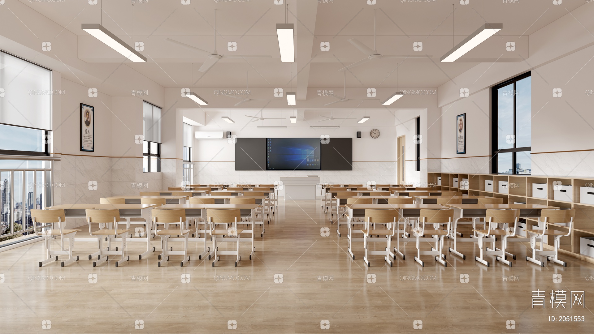 【教室 学校 教桌椅组合 中小学教室 课桌 讲台 智慧教室3D模型】-现代VR有灯光有贴图MAX2016教室 学校 教桌椅组合 中小学教室 ...