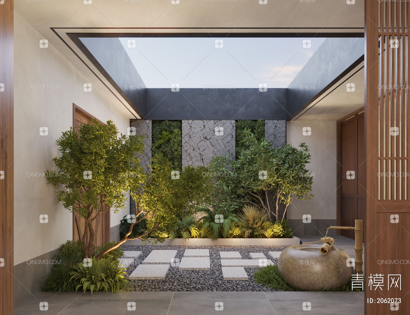 【天井庭院景观3D模型】-现代CR有灯光有贴图MAX2016天井庭院景观3d模型下载-ID2062073-免费3Dmax模型库 - 青模3d模型网