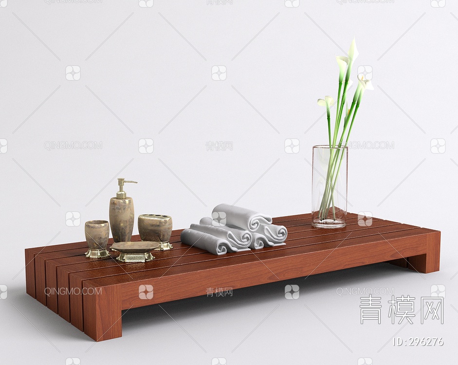 红木卫浴矮桌带玻璃花瓶和浴巾3D模型下载【ID:296276】