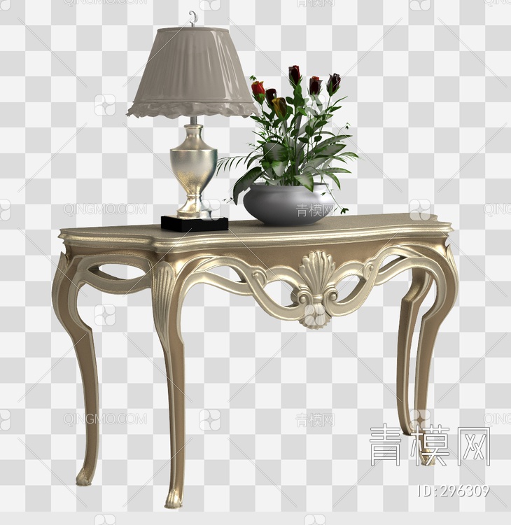 玄关桌有雕花带台灯和盆栽3D模型下载【ID:296309】