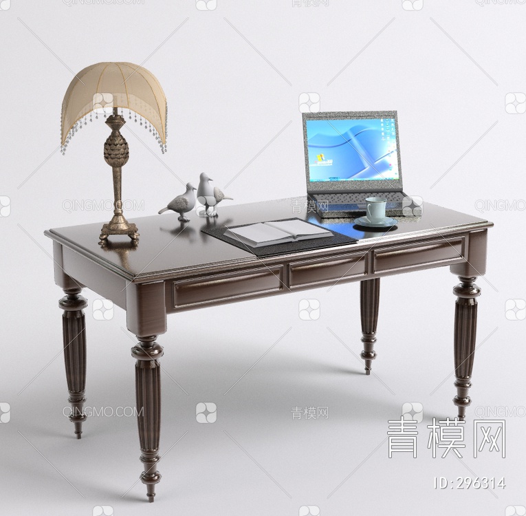 实木雕刻雕花书桌带金属台灯和笔记本电脑3D模型下载【ID:296314】