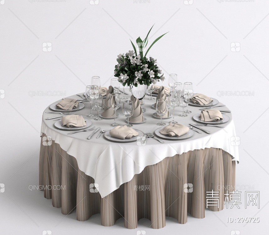 圆餐桌带餐具和玻璃花瓶带桌布3D模型下载【ID:296725】