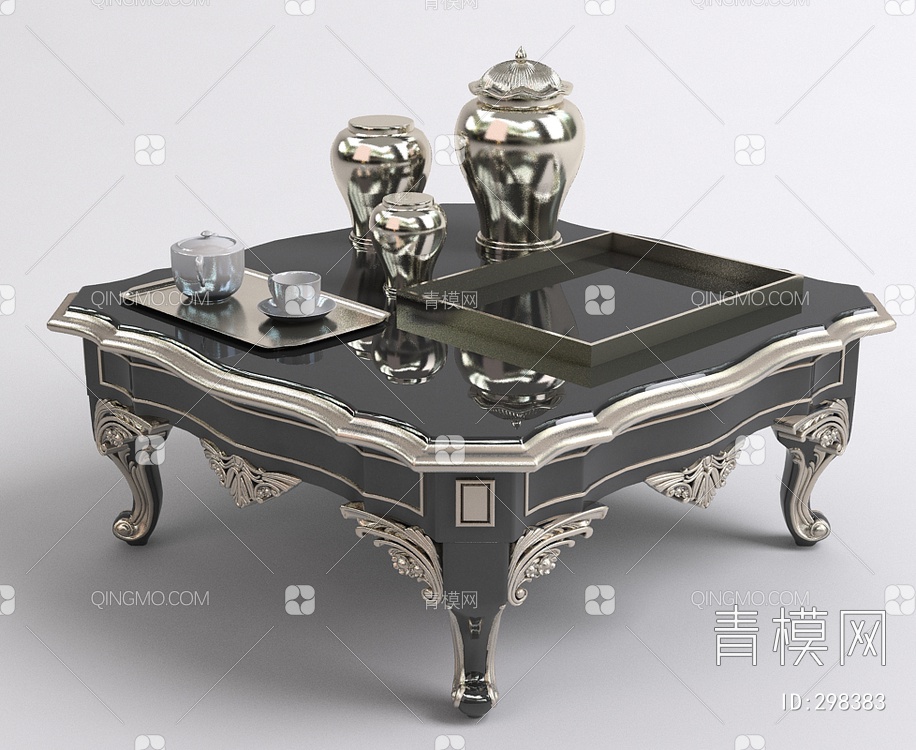 茶几带茶壶茶杯和金属瓶3D模型下载【ID:298383】