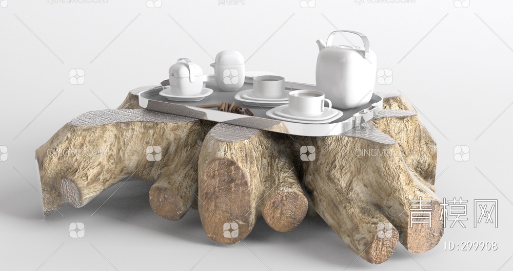 树桩茶几带茶壶茶杯3D模型下载【ID:299908】