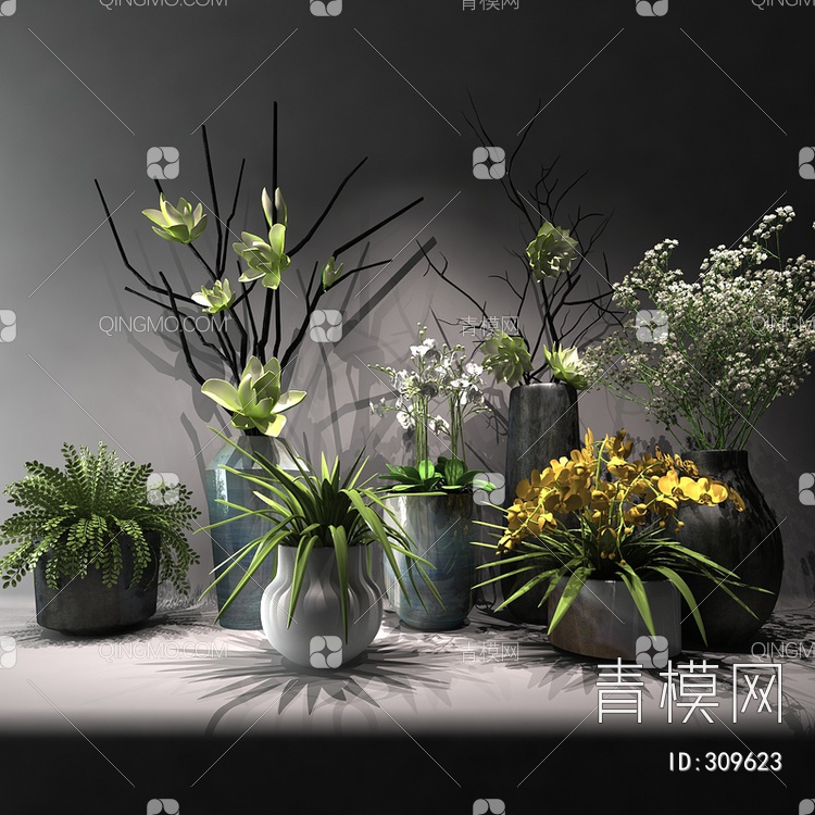 花艺花瓶陈设品植物组合3D模型下载【ID:309623】