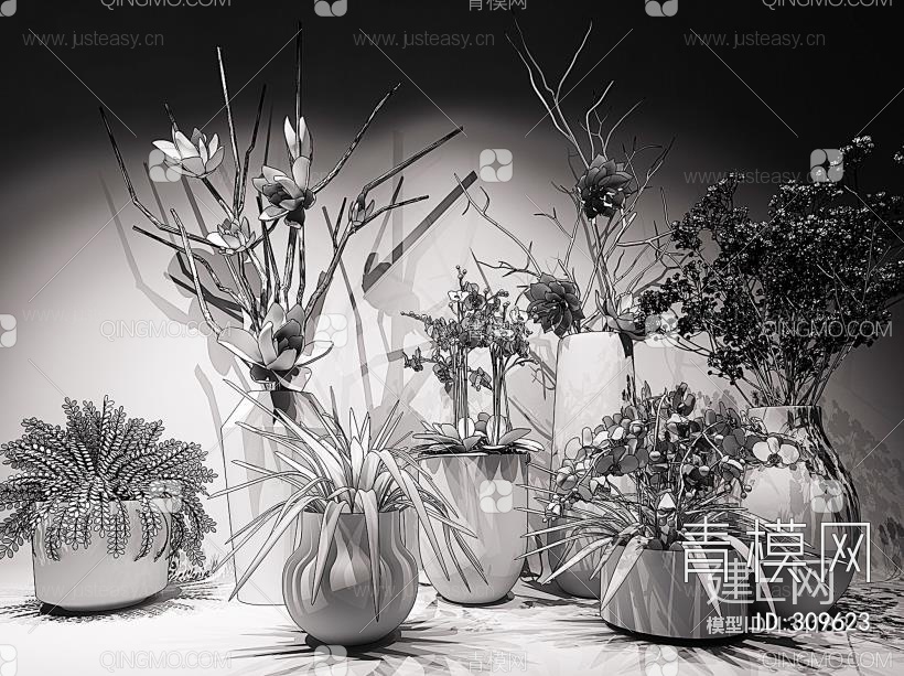 花艺花瓶陈设品植物组合3D模型下载【ID:309623】