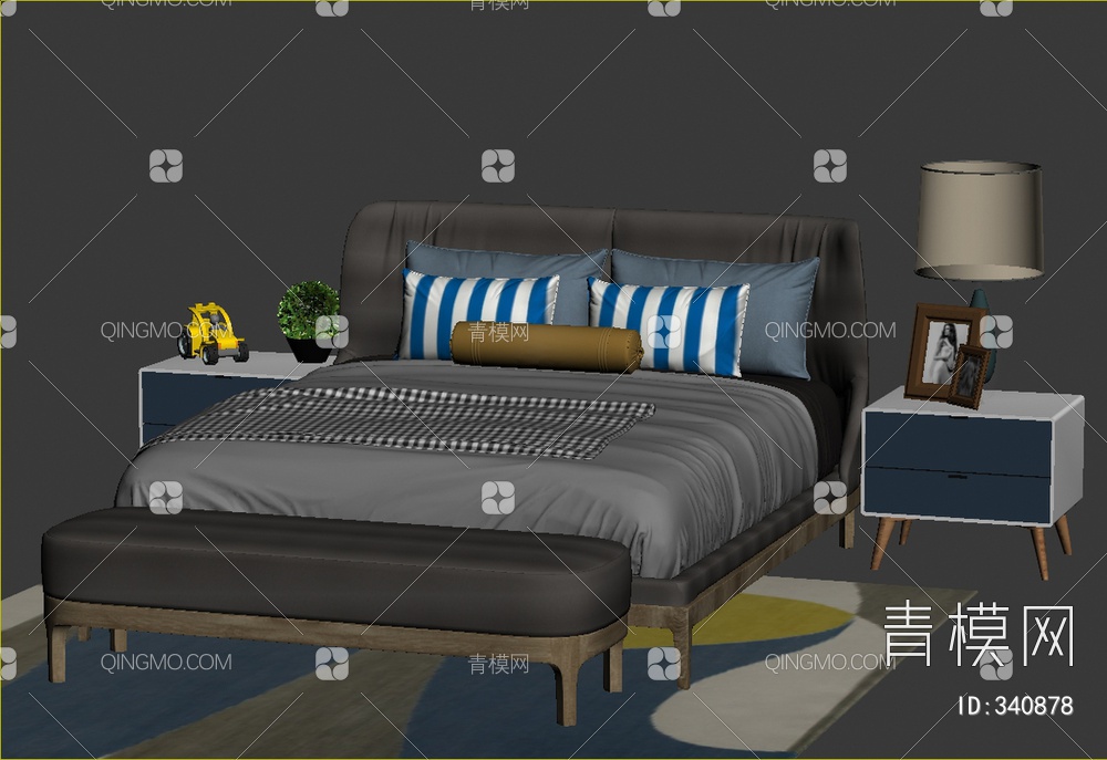 床头柜床组合3D模型下载【ID:340878】