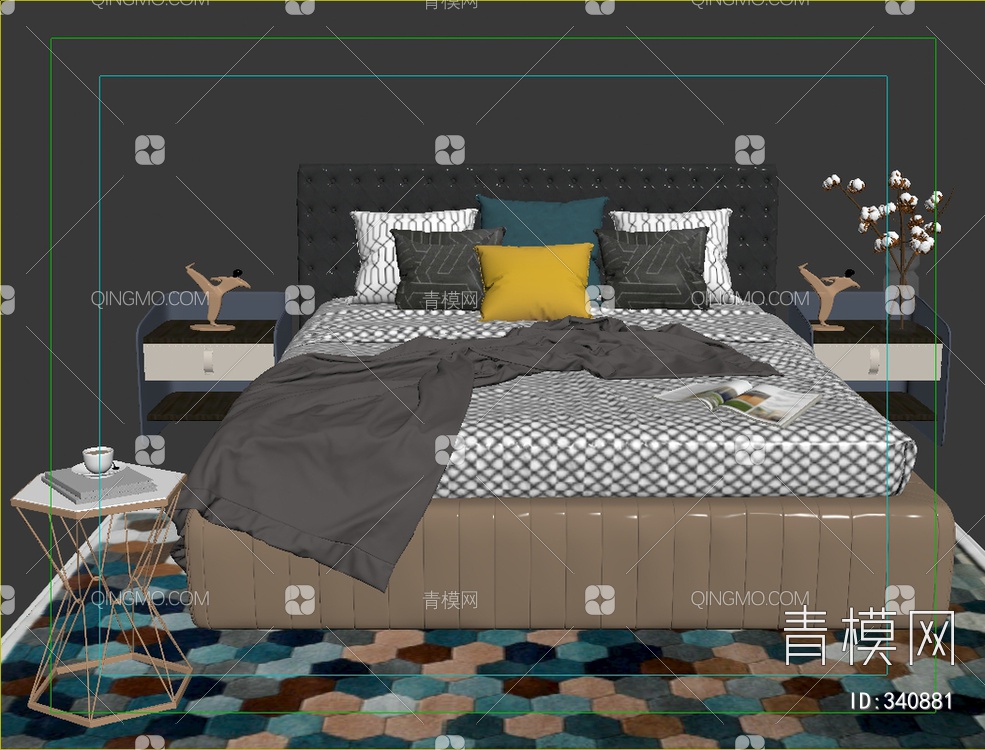 床头柜床组合3D模型下载【ID:340881】