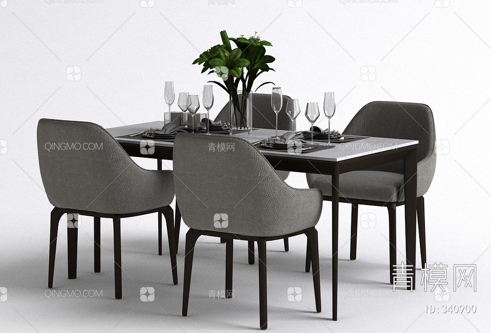 四人座餐桌椅组合3D模型下载【ID:340900】
