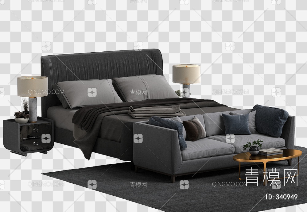 沙发床头柜床组合3D模型下载【ID:340949】
