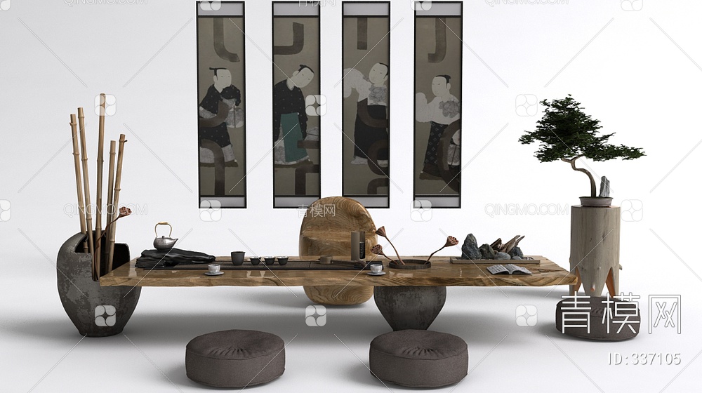 茶室茶几桌椅组合3D模型下载【ID:337105】