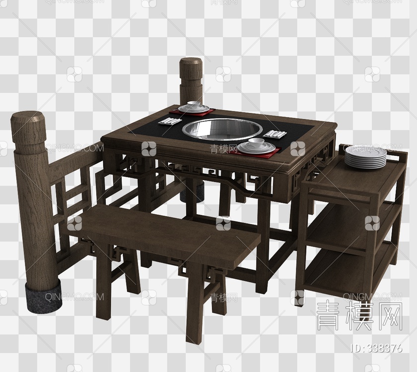 火锅餐桌椅组合3D模型下载【ID:338376】