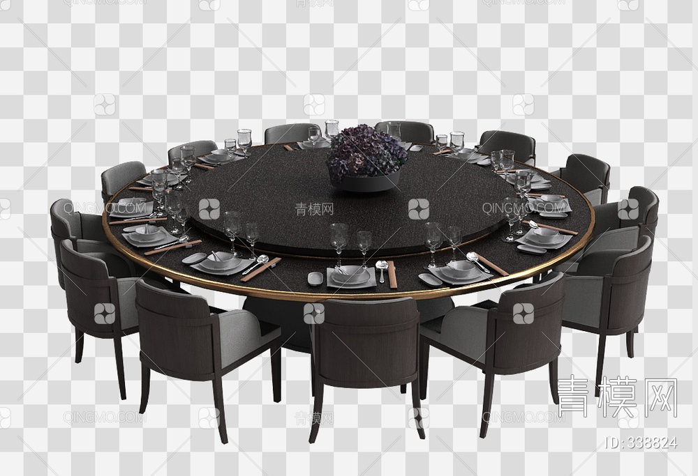 餐厅多人圆餐桌组合3D模型下载【ID:338824】