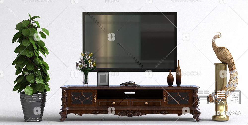 盆栽孔雀雕塑电视柜组合3D模型下载【ID:339285】