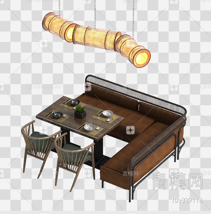 吊灯L型餐厅餐桌椅组合3D模型下载【ID:339118】