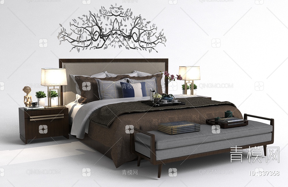 卧室床组合3D模型下载【ID:339368】