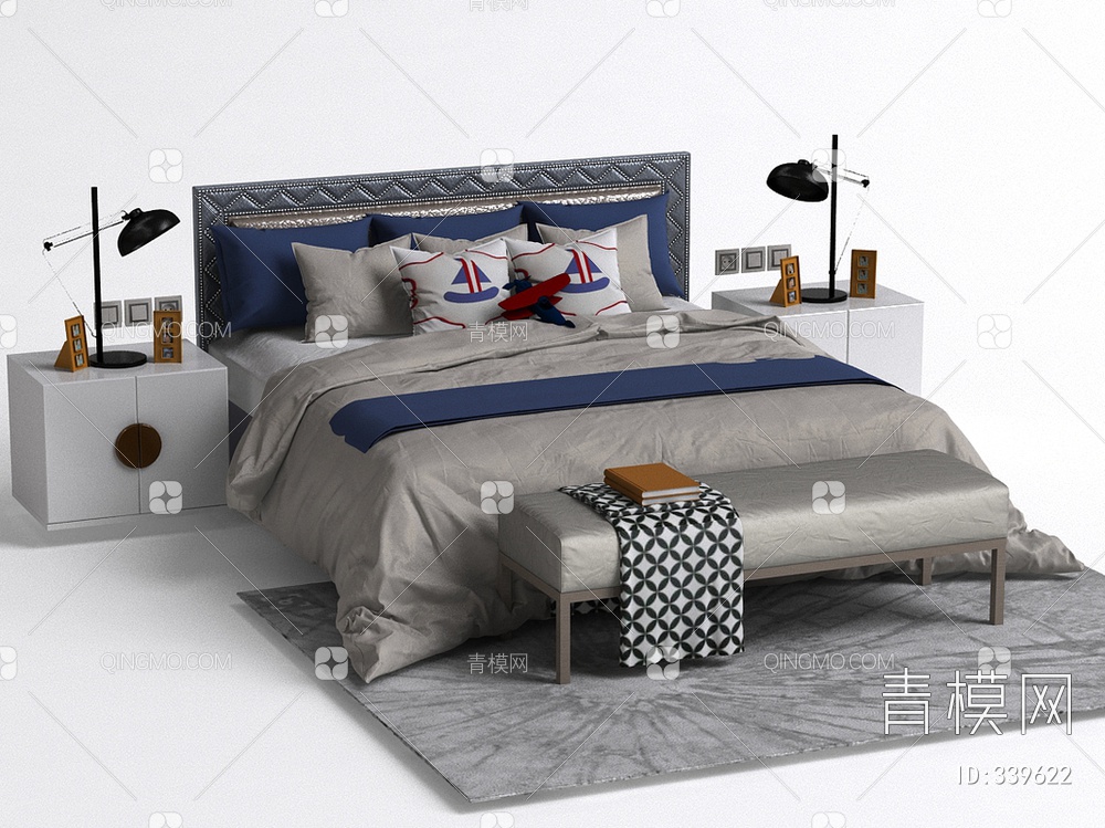 床头柜床组合3D模型下载【ID:339622】