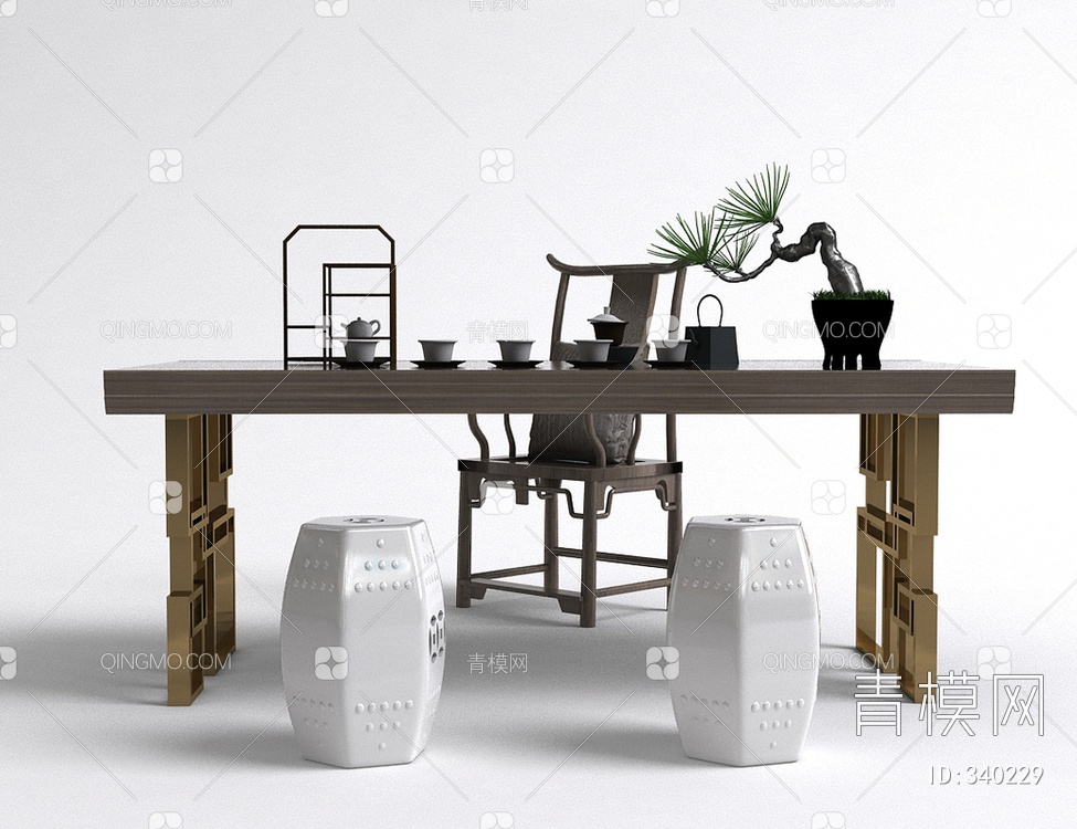 茶桌椅石凳组合3D模型下载【ID:340229】