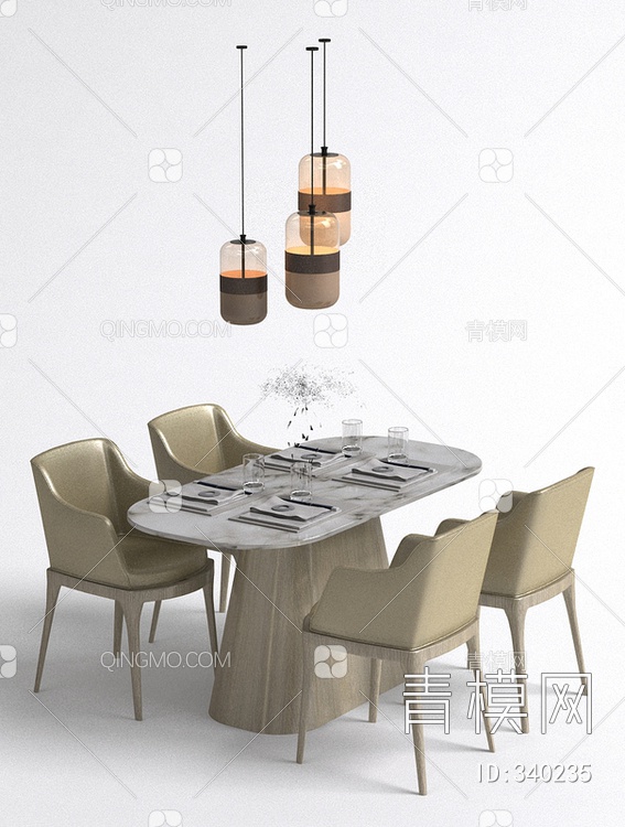 吊灯餐桌椅组合3D模型下载【ID:340235】