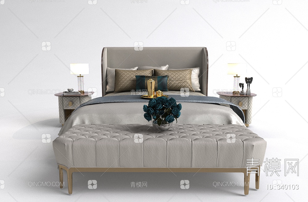 床尾凳卧室床组合3D模型下载【ID:340103】