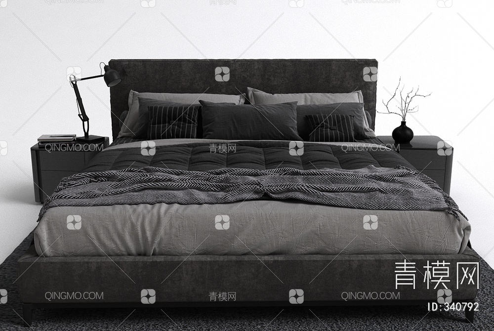 双人床床头柜组合3D模型下载【ID:340792】