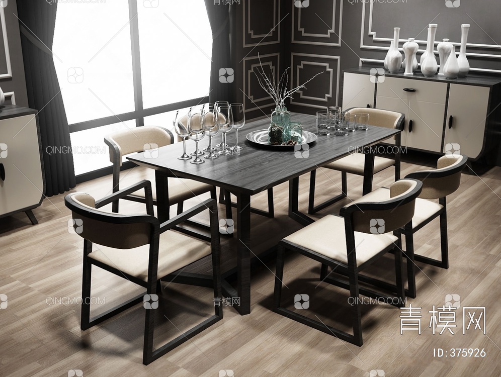 实木餐桌椅餐边柜家具组合3D模型下载【ID:375926】