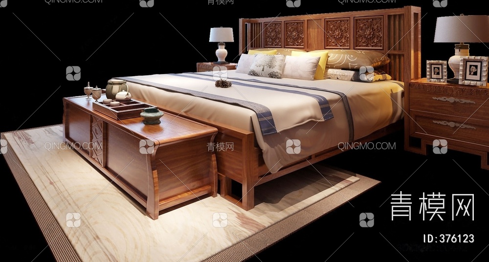卧室床具床头柜组合3D模型下载【ID:376123】