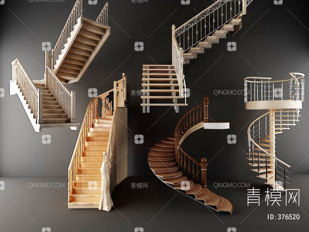旋转楼梯步梯组合3D模型下载【ID:376520】