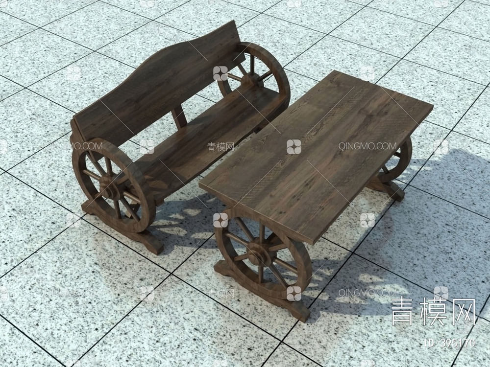 木制车轮户外桌椅3D模型下载【ID:395170】