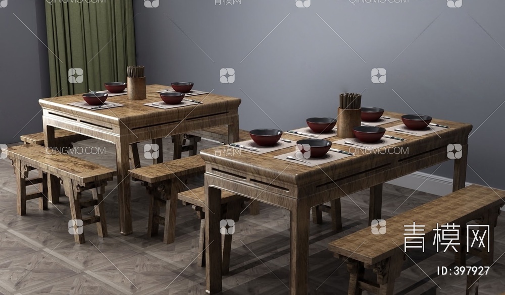 长板凳餐桌椅组合3D模型下载【ID:397927】