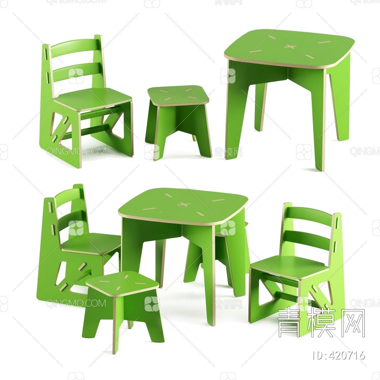 绿色木质儿童桌椅3D模型下载【ID:420716】