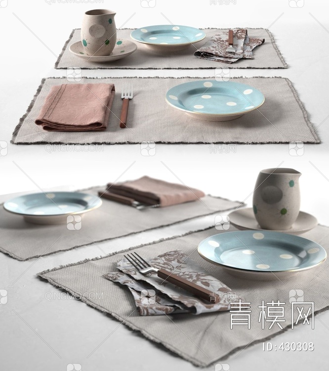 陶瓷盘子叉餐巾布餐具组合3D模型下载【ID:430308】