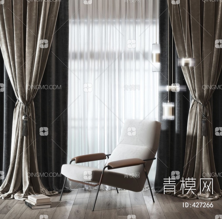 高级灰单人沙发椅布艺窗帘组合3D模型下载【ID:427266】