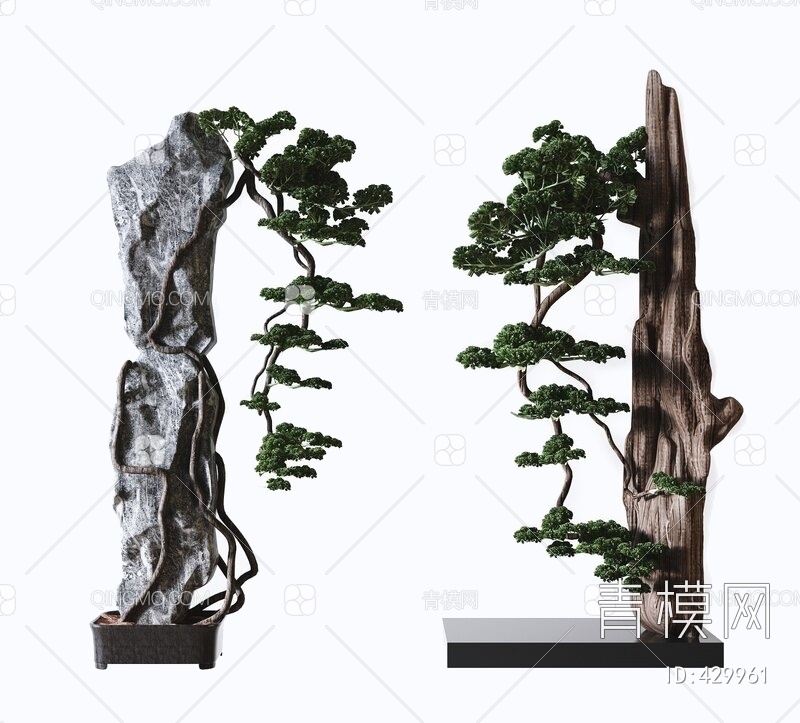 禅意石头松柏植物装饰摆件3D模型下载【ID:429961】