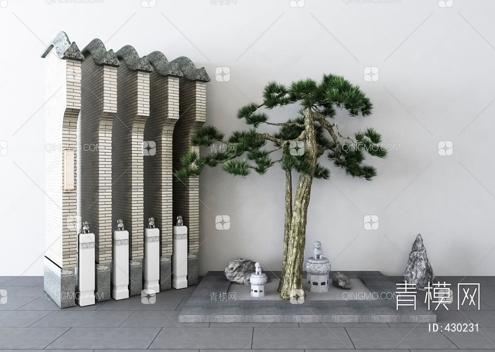 松树石头景观小品设3D模型下载【ID:430231】