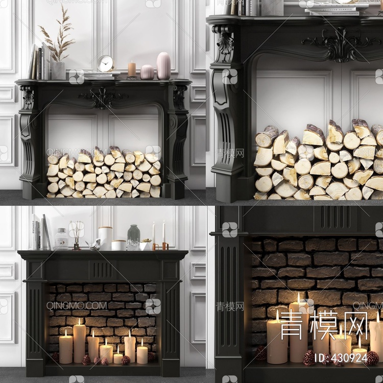 壁炉木头蜡烛饰品组合3D模型下载【ID:430924】