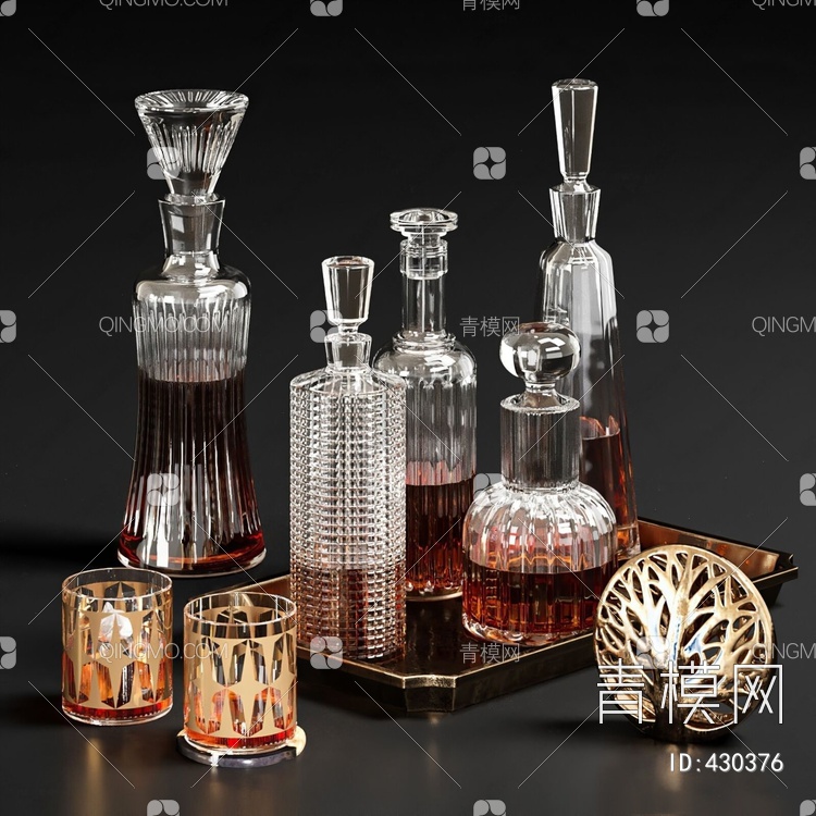 酒水酒瓶酒杯组合3D模型下载【ID:430376】