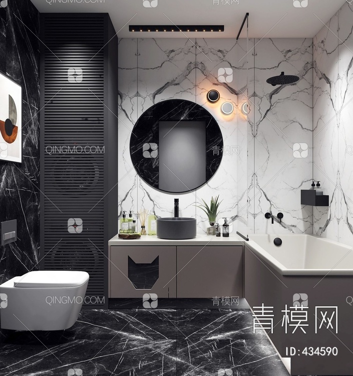 高级黑白卫生间卫浴配件组合3D模型下载【ID:434590】