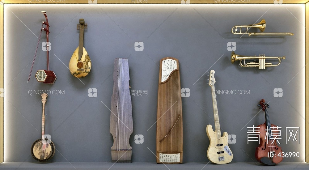 乐器古筝吉他架子鼓钢琴组合3D模型下载【ID:436990】